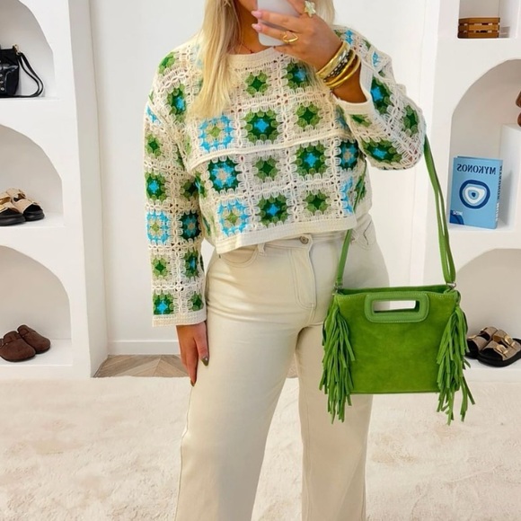 Granny Square Crochet Cropped Sweater - Green and Blue - Picture 3 of 5